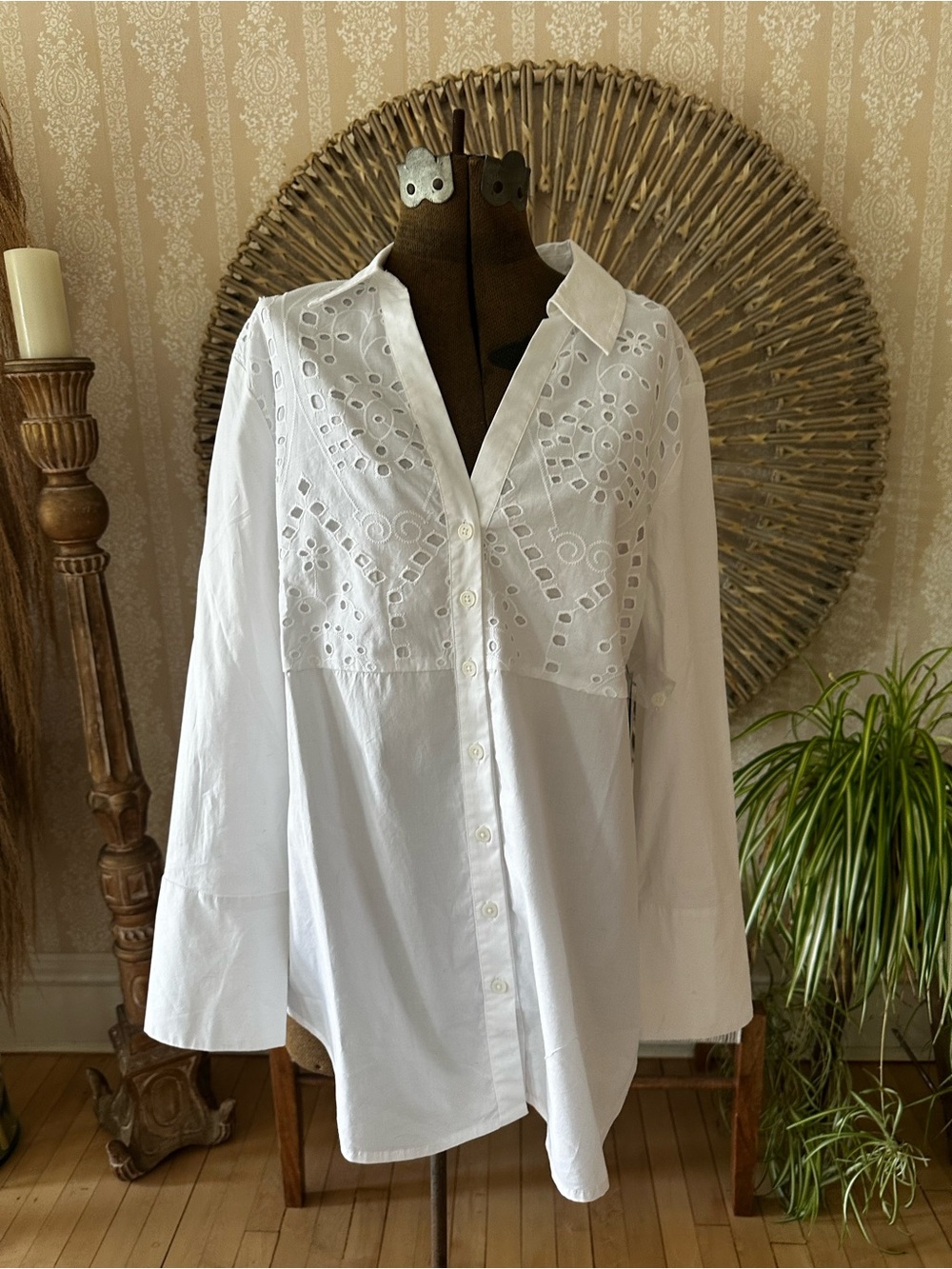 White Eyelet Button-Down Women's Top